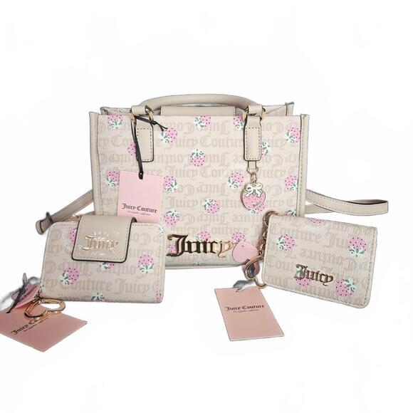 Juicy Couture Handbags - Juicy Couture Sandstone Cherry Blossom Berry Sweet Bag + 2 Wallet Set NWT